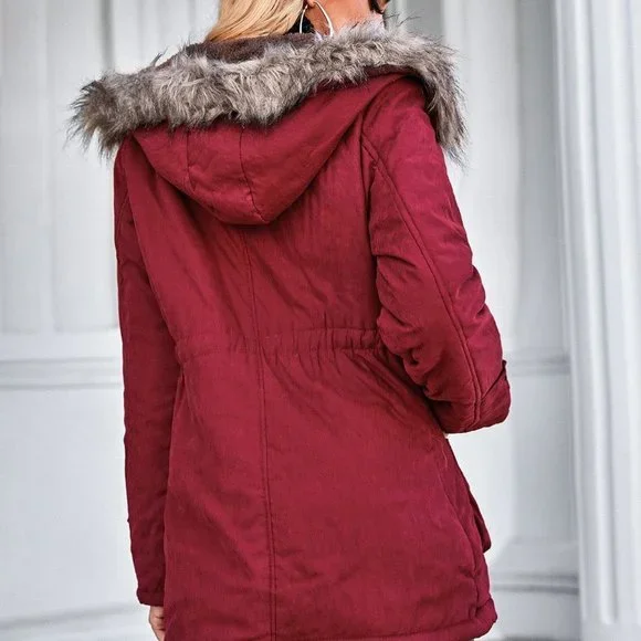 Red Preppy Womens Fuzzy Trim Hooded Drawstring Waist Teddy Lined Parka Coat - Picture 3 of 5